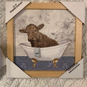 Framed Canvas Art with Cow in Bathtub - Brown and Gold